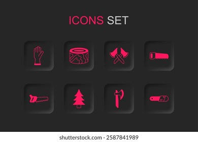 Set Tree, Wooden logs, Protective gloves, axe, Hand saw, Chainsaw,  and  icon. Vector