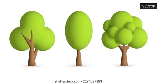 Juego de árboles 3d iconos vectoriales. Colección de árboles verdes sobre fondo blanco. Elementos de diseño. Ilustración vectorial al estilo de las caricaturas.