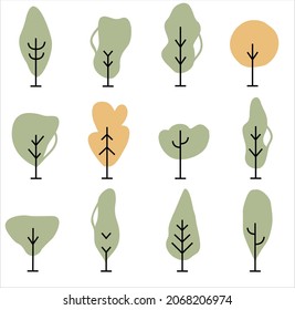 Conjunto de árboles para arquitectos. Colección de señales lineales de árboles forestales, de parques y jardines. Símbolos de contorno de árbol geométrico simple para el entorno. Ilustración vectorial. 