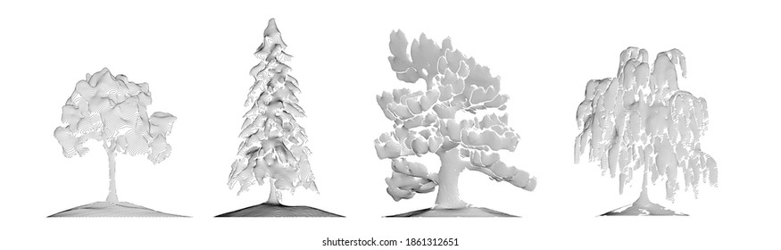 Set Of Trees In Art Line Style. 3d Vector Illustration Isolated On Black Background. 