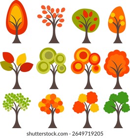 set of trees with autumn leaves without background