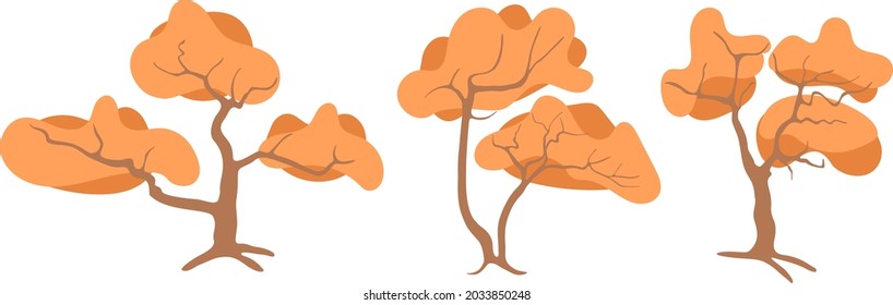 Set of trees with autumn yellow leaves, flat cartoon vector illustration. Templates for rippling orange landscape compositions.