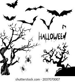 Set with trees, bats and spiders on a white background. Vector set for Halloween party invitations.Set of Halloween social media templates. Colorful banners with Halloween illustrations for instagram.
