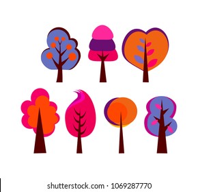 set of trees with big crown vector abstract drawing brown