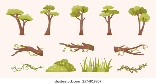 Set of Trees, Branches, and Grass Hand-Drawn Watercolor Design Vector Element. Botanical Set of Trees, Branches, and Grass for Natural Design Illustration