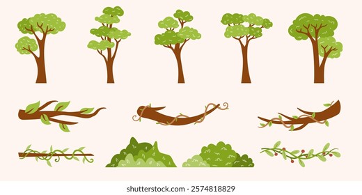 Set of Trees, Branches, and Grass Hand-Drawn Flat Design Vector Element. Botanical Set of Trees, Branches, and Grass for Natural Design Illustration