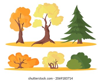 Set of trees and bushes. Colorful stickers with various plants with yellow, green and orange leaves. Design elements for ui and mobile game. Cartoon flat vector collection isolated on white background