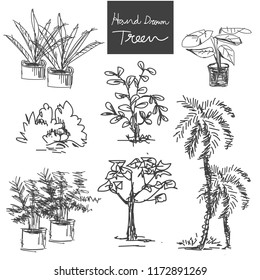 Set of trees and bushes drawn with a black - vector