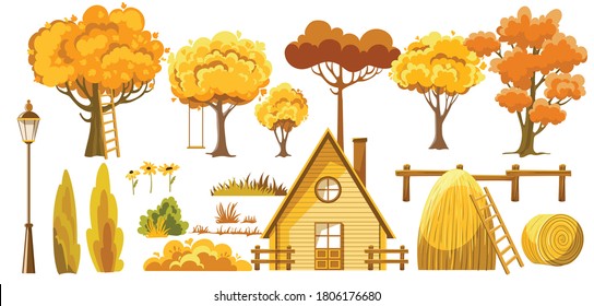Set of trees, bushes, house, haystacks, lantern and flower. Autumn thematic. Vector