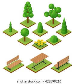 Set of Trees and bushes in isometric view. Isometric wooden bench and table. The place to stay. Flower bed of sunflowers. The elements of the Park or garden. Vector illustration.