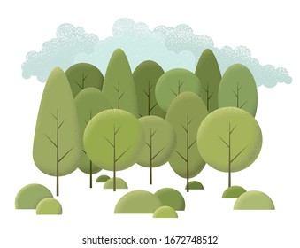 Set of trees and bushes on a background of clouds. Vector illustration with noise effect in the shadows.