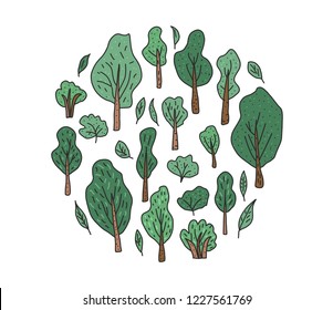 Set of trees and bushes. Round composition.  Vector illustration of doodle  style elements.