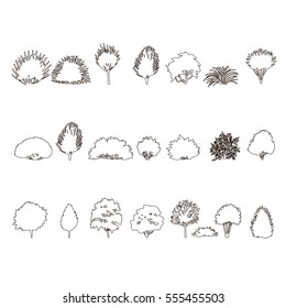  set of Trees and bushes silhouette  isolated on white backgorund. dendrology collection. graphic template. vector illustration.