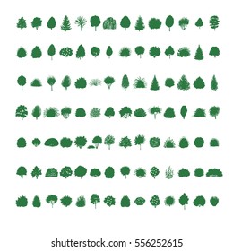  Set Of Trees And Bushes Silhouette  Isolated On White Backgorund. Dendrology Collection. Graphic Template. Vector Illustration..