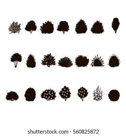  set of Trees and bushes silhouette  isolated on white backgorund. dendrology collection. graphic template. vector illustration.