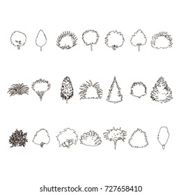set of Trees and bushes silhouette isolated on white backgorund. dendrology contour collection. graphic template. vector illustration.