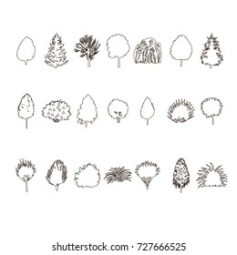 set of Trees and bushes silhouette isolated on white backgorund. dendrology contour collection. graphic template. vector illustration.