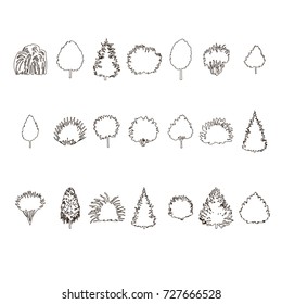 set of Trees and bushes silhouette isolated on white backgorund. dendrology contour collection. graphic template. vector illustration.