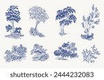 Set of trees and bushes. Vector vintage illustration. Blue and white
