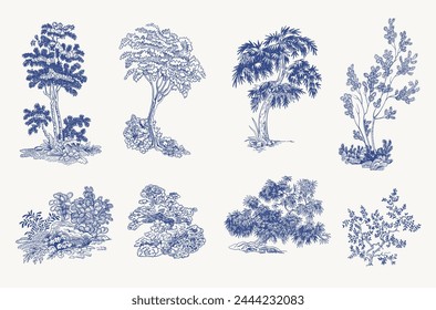 Set of trees and bushes. Vector vintage illustration. Blue and white
