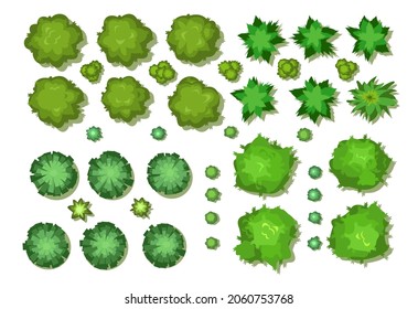 A set of trees and bushes. View from above. Height. Plant landscape. Green wildlife. Top view. Illustration in cartoon style. Isolated Vector.