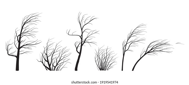 Set of trees and bushes without leaves isolated on white background. Black silhouettes of young trees in wind. Landscape element design. Monochrome simple plants vector flat illustration.