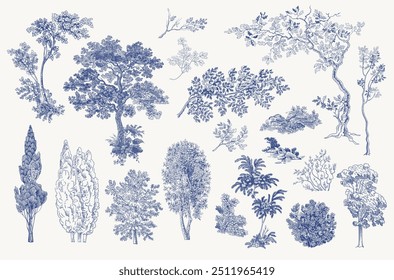 Set of trees and bushes. Woodland. Landscape elements. Vector vintage illustration. Blue and white. NOT AI generated