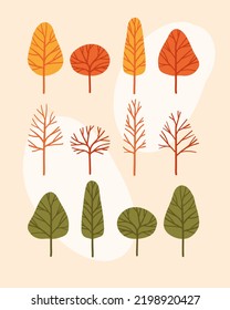 Set of trees and bushes in yellow and green colors. Forest gold and green branches.