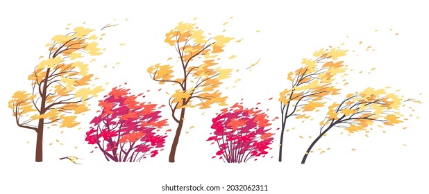 Set Of Trees And Bushes With Yellow And Red Leaves Isolated On White. Autumn Season. Deciduous Tree In The Fall, Blowing Wind, Windy Weather. Simple Vector Illustration In Flat Cartoon Style.