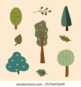 Set of trees, cartoon elements. Flat botanical set