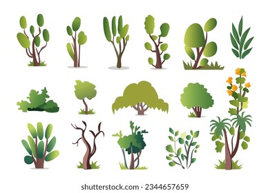 Set of trees in the cartoon style. Fascinating illustration of a set of beautiful trees with fantasy leaf. Vector illustration.