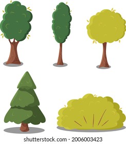set of trees christmas tree green trees with flies and bush on transparent background