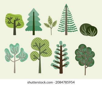 Set Of Trees. Collection Of Beautiful Stickers And Icons For Childrens. Nature, Fauna, Plants. Forest, Summer And Spring, Branch. Cartoon Flat Vector Illustrations Isolated On Green Background