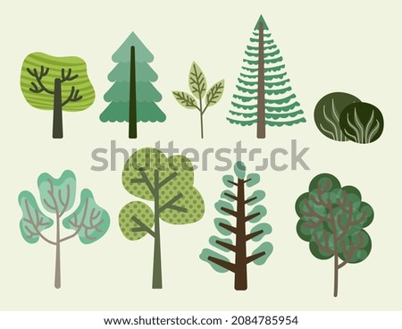 Set of trees. Collection of beautiful stickers and icons for childrens. Nature, fauna, plants. Forest, summer and spring, branch. Cartoon flat vector illustrations isolated on green background