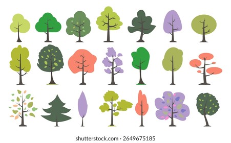 Set van bomen collectie in platte ontwerp vector element. Botanische eco set van bomen en degenen met bladeren en takken.