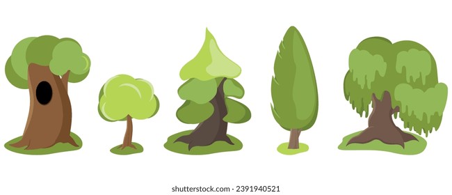 Conjunto de árboles. Colección de árboles verdes sobre fondo blanco. Ilustración vectorial al estilo de las caricaturas.