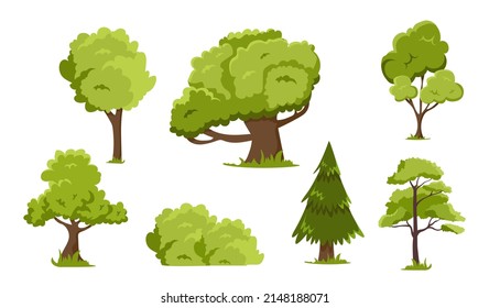 Set of trees. Collection of icons for social networks. Park or forest elements, plants and flora. Care for nature, planet and ecology. Cartoon flat vector illustrations isolated on white background