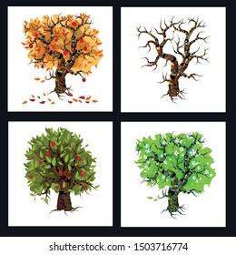 Set of trees. A collection of seasons: spring, summer, winter, autumn. Decorative style. Vector graphics. Isolated illustration.