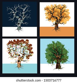 Set of trees. A collection of seasons: spring, summer, winter, autumn. Decorative style. Vector graphics. Isolated illustration.