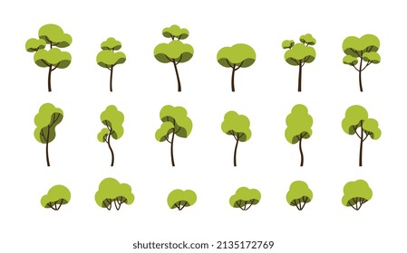 Set of trees. Collection of stickers for social networks, elements for animation or drawings. Nature and decoration of city park. Cartoon flat vector illustrations isolated on white background