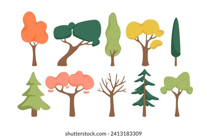 Set of trees. Colorful plants of different season. Woods with green, yellow, red and pink foliage. Natural and environment wild life. Cartoon flat vector collection isolated on white background