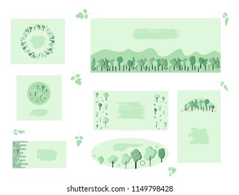 Set of trees composition backgrounds. Flat green badges with empty space for text design. Templates for card, banner, social media network, package. Vector illustration.