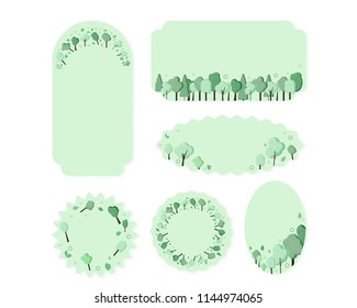Set of trees composition stickers backgrounds. Flat green trees and leaves badges with decorations design. Template for card, banner, social media network. Vector illustration.