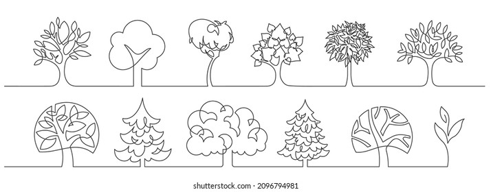 Set of trees - continuous line drawing. Vector illustration