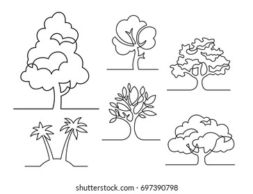 Set of trees - continuous line drawing. Vector illustration.