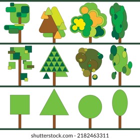 A set of trees created using geometric shapes. Natural icons. Geometry and nature. Abstract Round, square, oval, triangular tree.