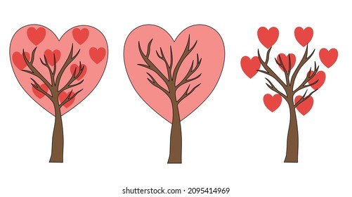 SET OF TREES WITH A CROWN HEART. vector illustration isolated on white background. holiday - Valentine's Day.