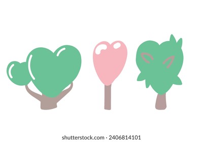 A set of trees with a crown in the shape of a heart. Art for Valentines Day. Vector illustration on white background.