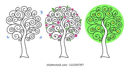 Set of trees with curls. Blue butterflies fly around. Graphic silhouette of sakura with pink flowers and green leaves. Lemon tree. Thin black lines. Flat style. Vector illustration.