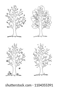 set of trees in different seasons, hand-drawn vector illustration